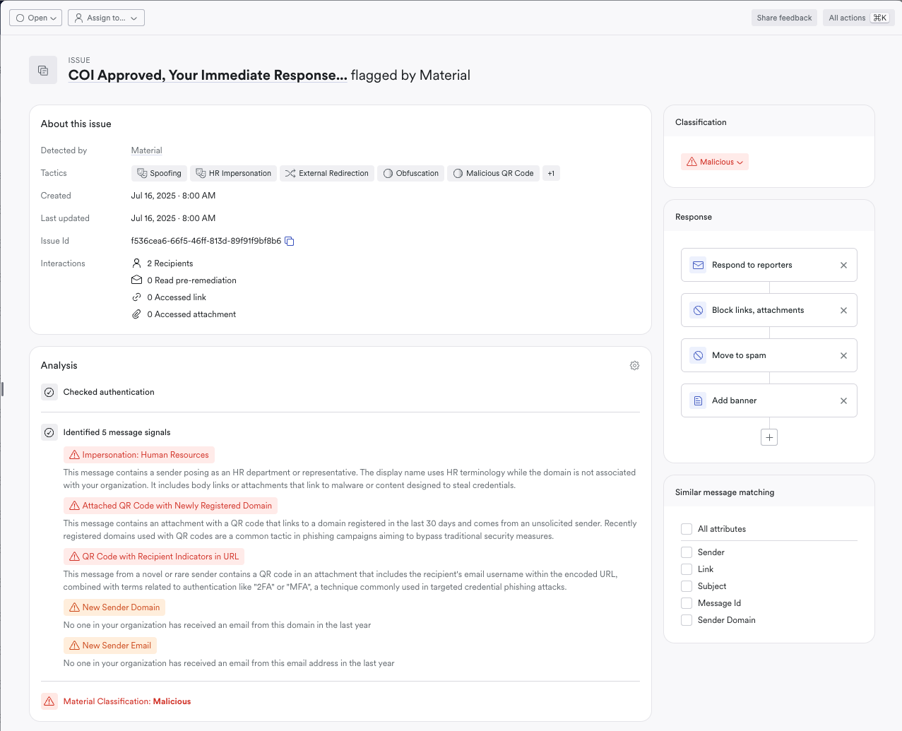 Material flagging a business email compromise (BEC) email