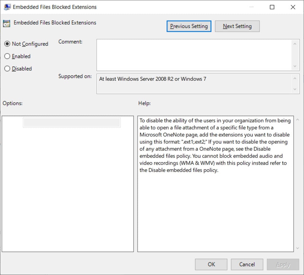 The Embedded Files Blocked Extensions group policy