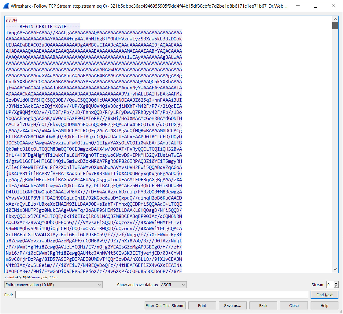 Base64 encoded malware disguised as a certificate