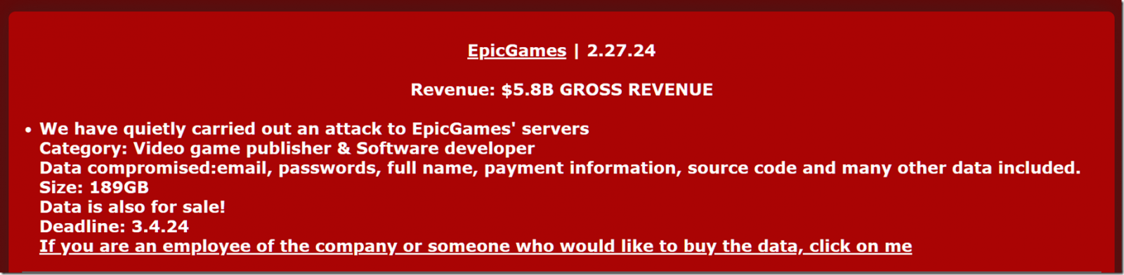 Mogilevich claiming to be selling data stolen from Epic Games