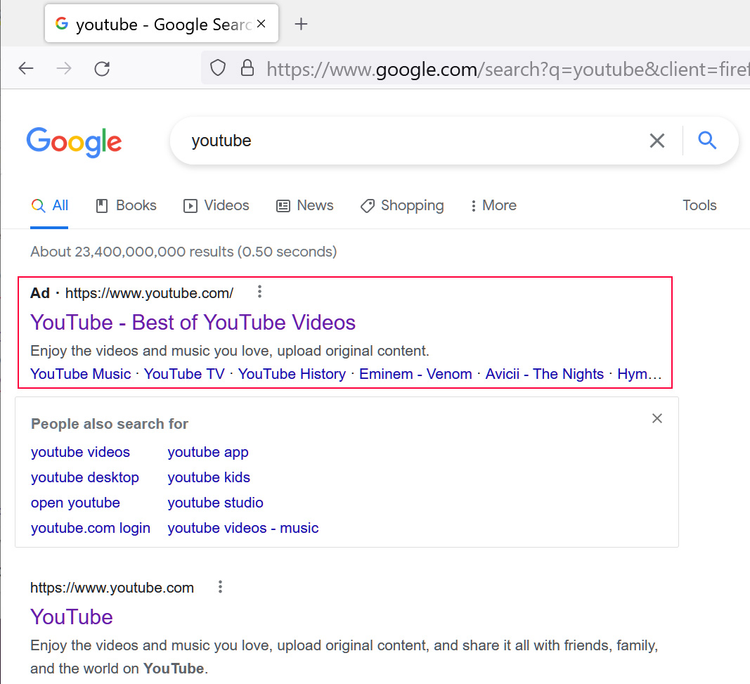 Fake YouTube ad in Google search results