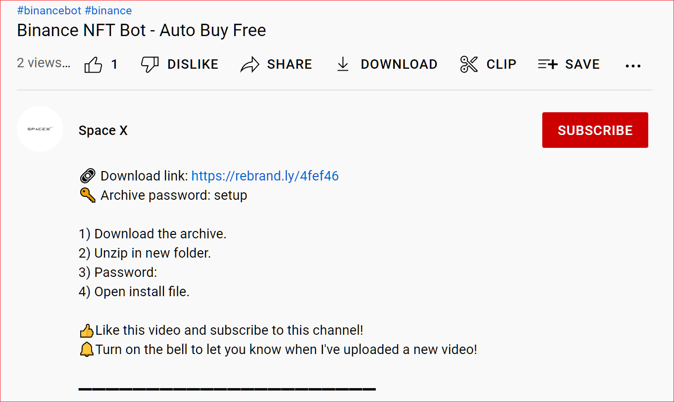 Newer Binance NFT bot scams on YouTube