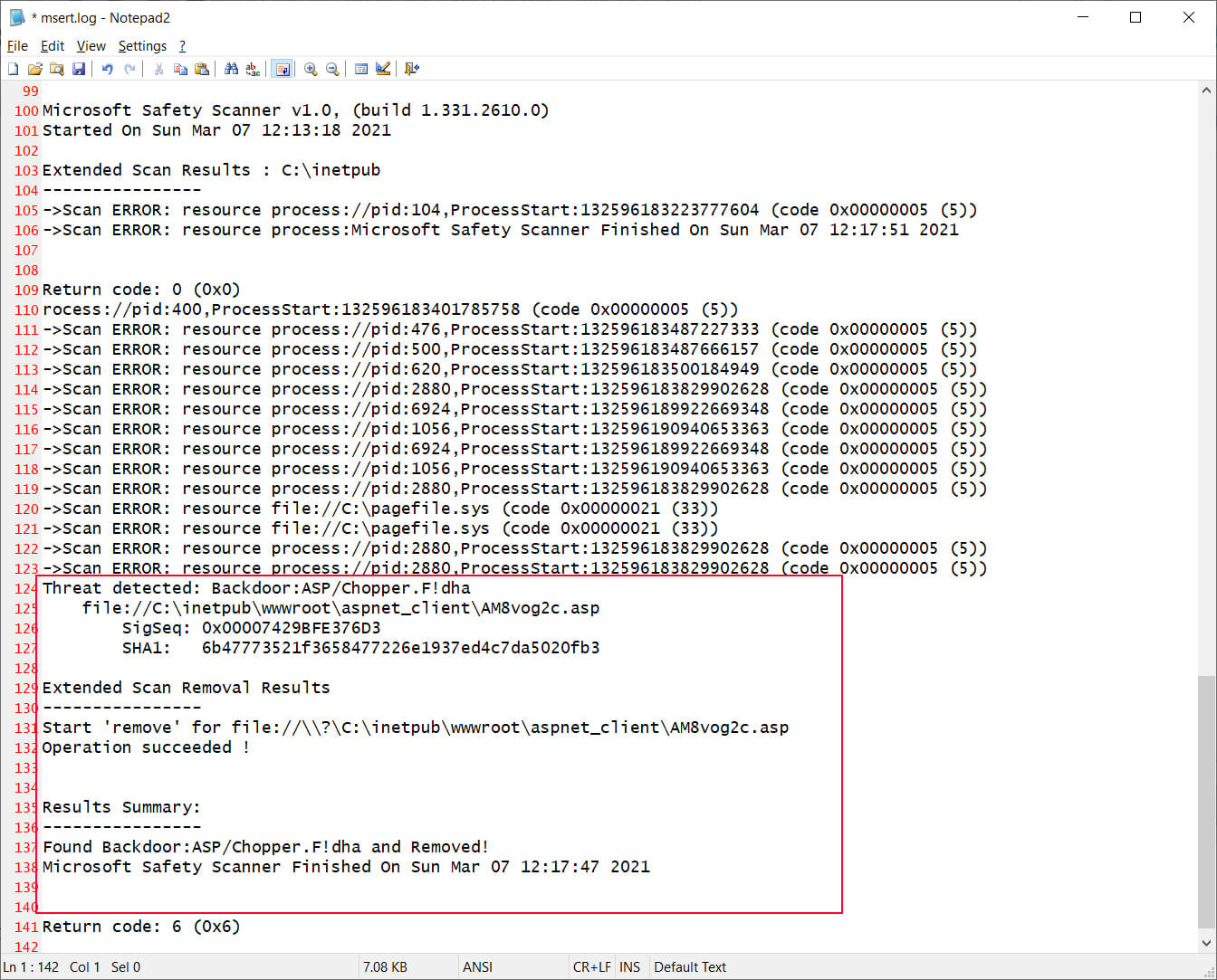 后门:MSERT检测到ASP / Chopper.F!dha Web Shell