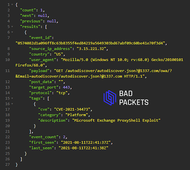 Bad Packets detecting a ProxyShell scan