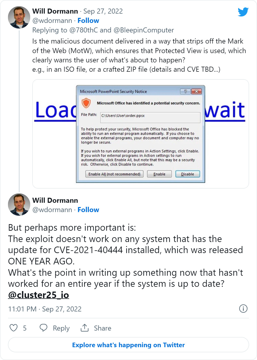 Tweet from Will Dormann