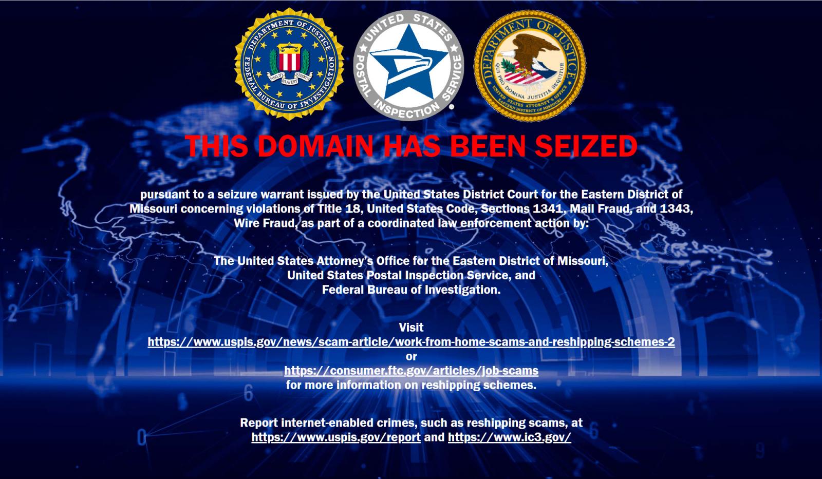 Seizure notice on the domains