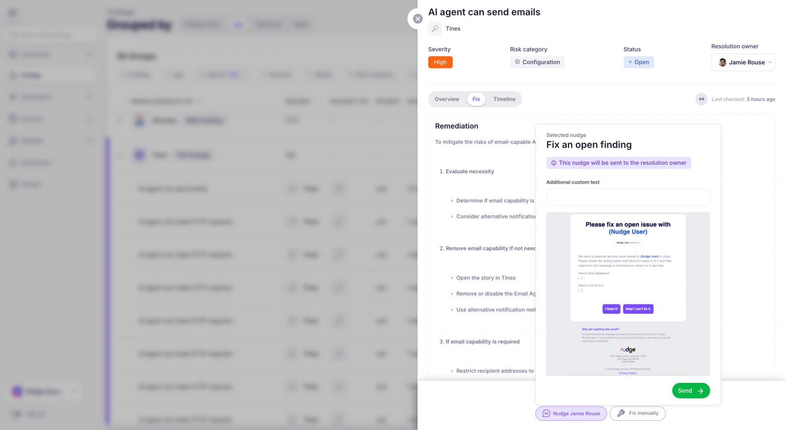 Nudging a user to fix a risk finding with an AI agent they manage