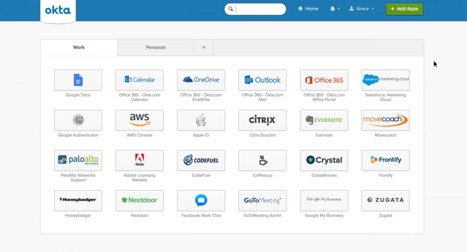 Okta SSO dashboard gives SSO access to a company's platforms