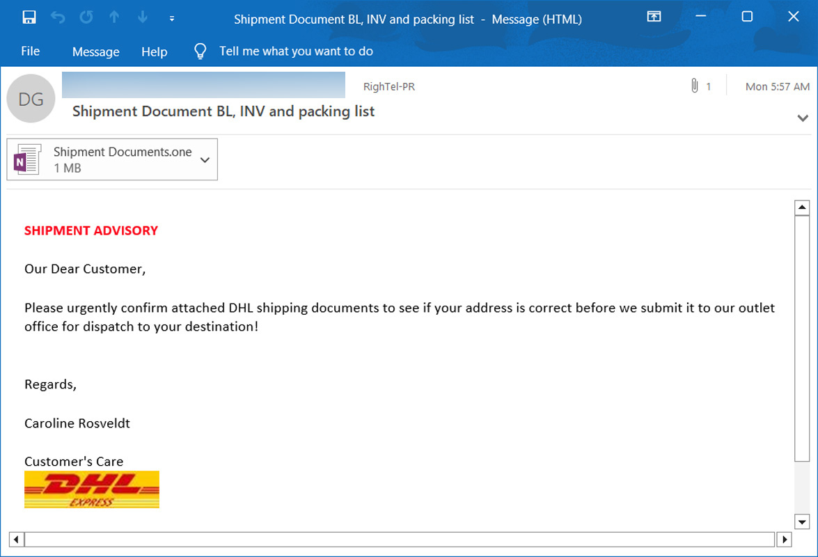 E-mail falso da DHL com um anexo do OneNote