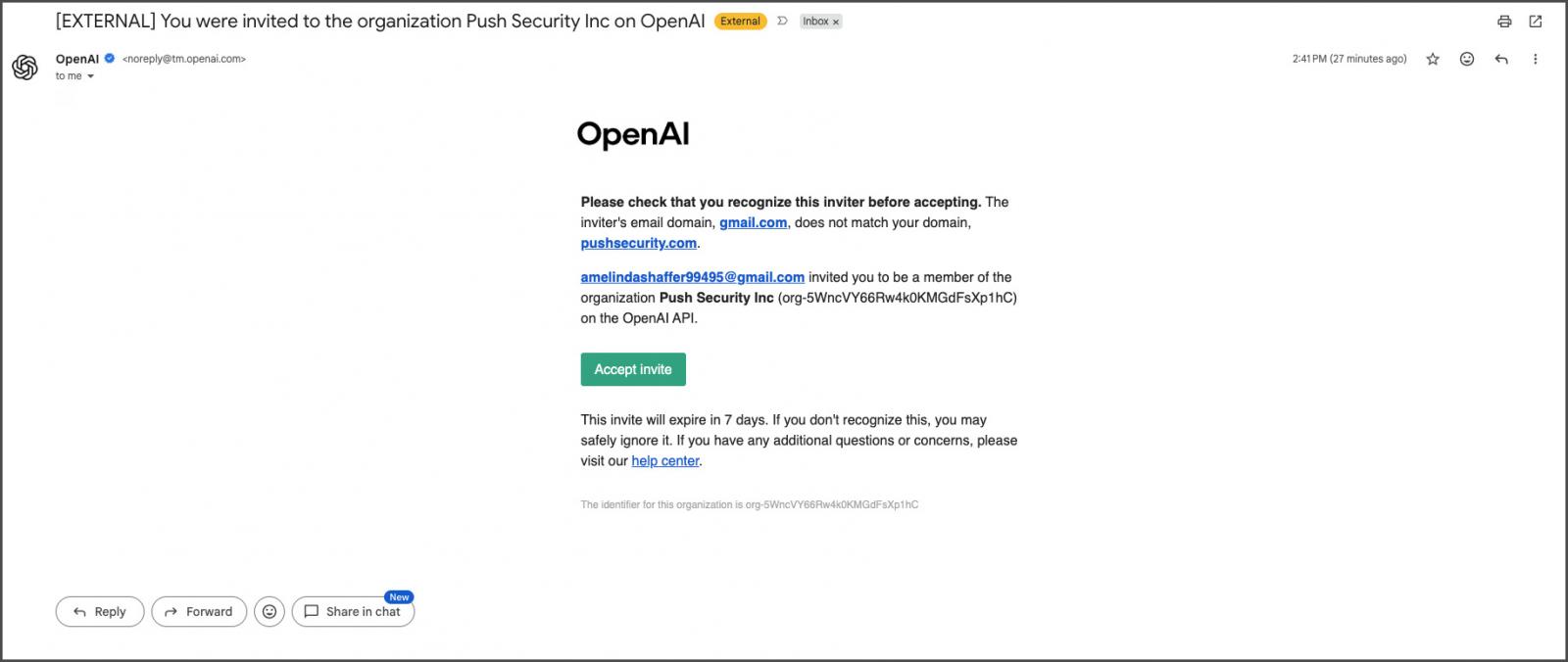 Fake Push Security OpenAI tenant invite sent to employees