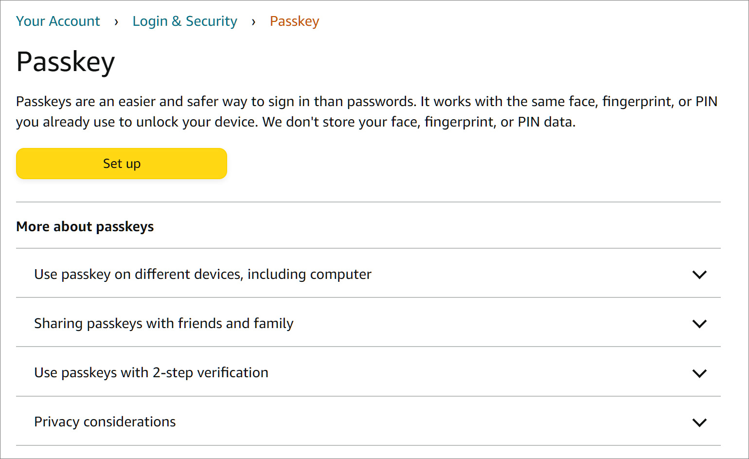 Passkey setting page on Amazon