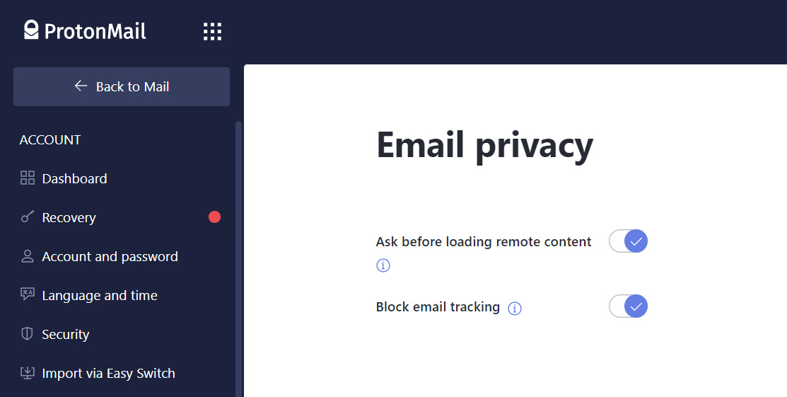 Block Email Tracking setting in ProtonMail