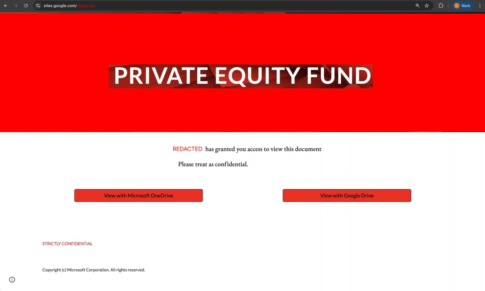 Fake private equity fund page hosted on Google Sites. 