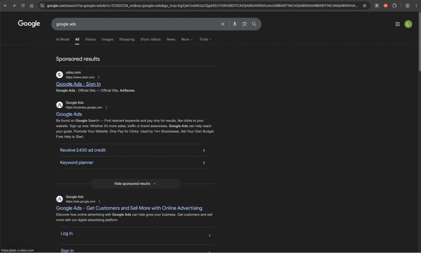Malvertising link for “Google Ads” taking the top Sponsored Results spot.