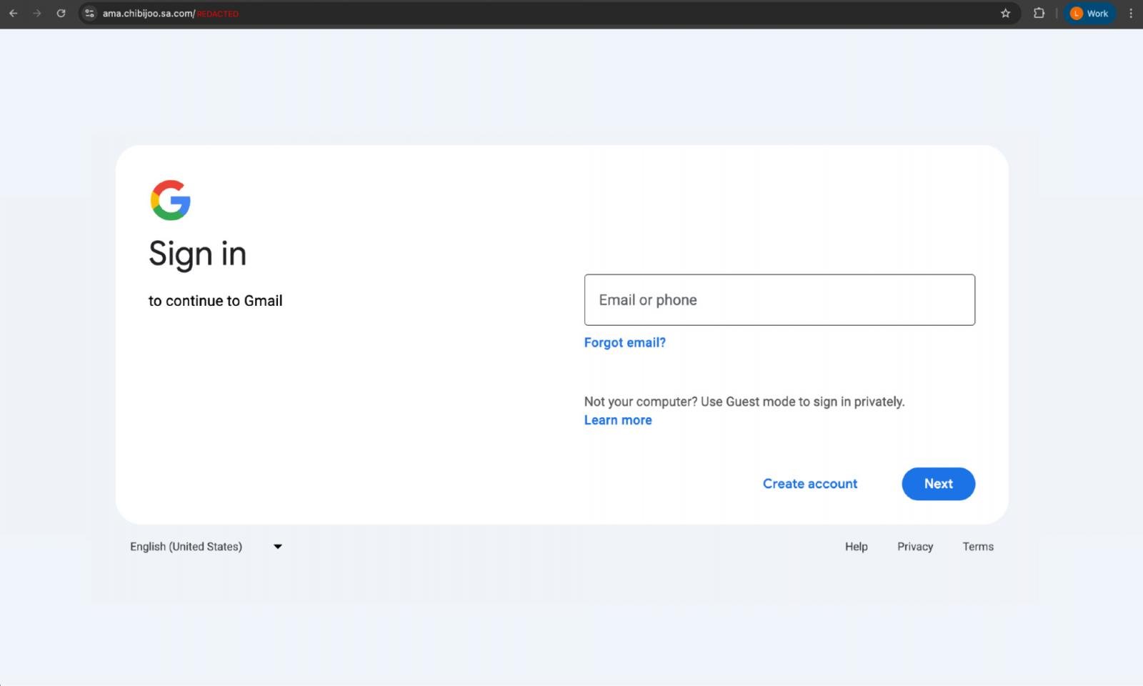 Malicious Google cloned login page