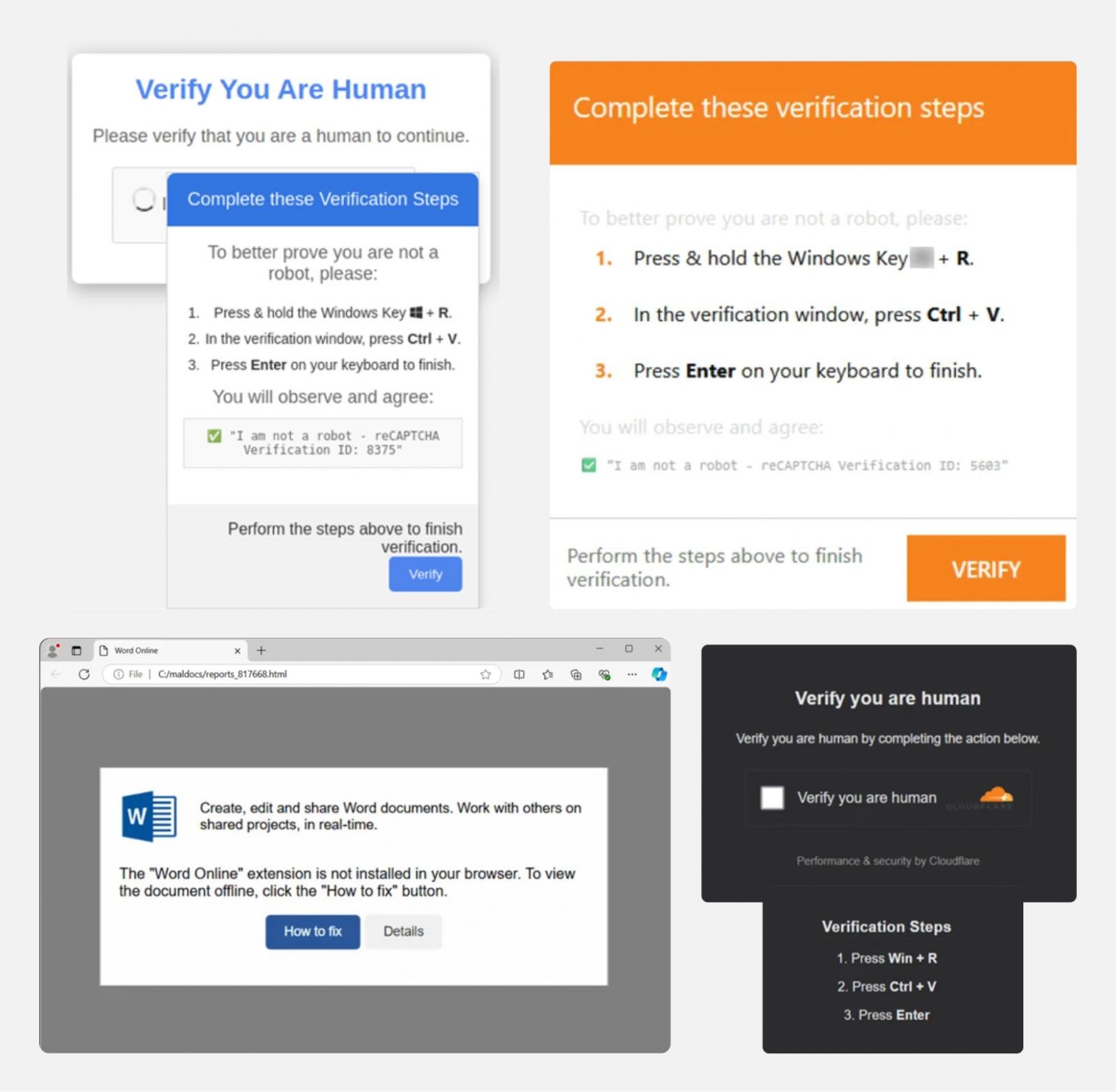 Examples of ClickFix lures used by attackers in the wild