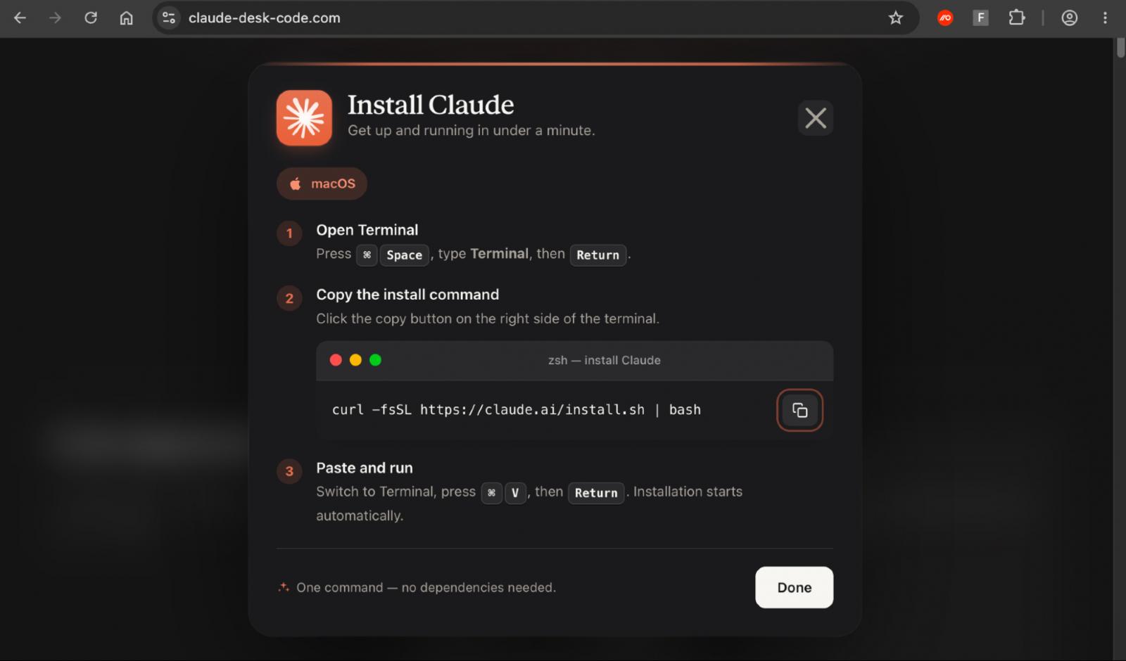 The fake Claude download page shows Anthropic's real install command, but a malicious one is copied behind-the-scenes.