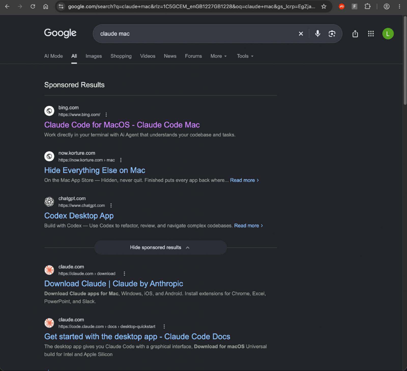 A sponsored Google result for "claude mac" that displays bing.com as its domain.