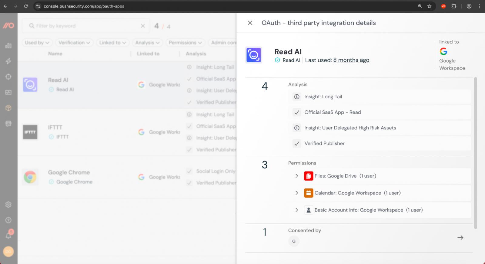 Pushを使用して、権限、ユーザー数、その他の有用なメタデータを含むOAuth統合を分析します。