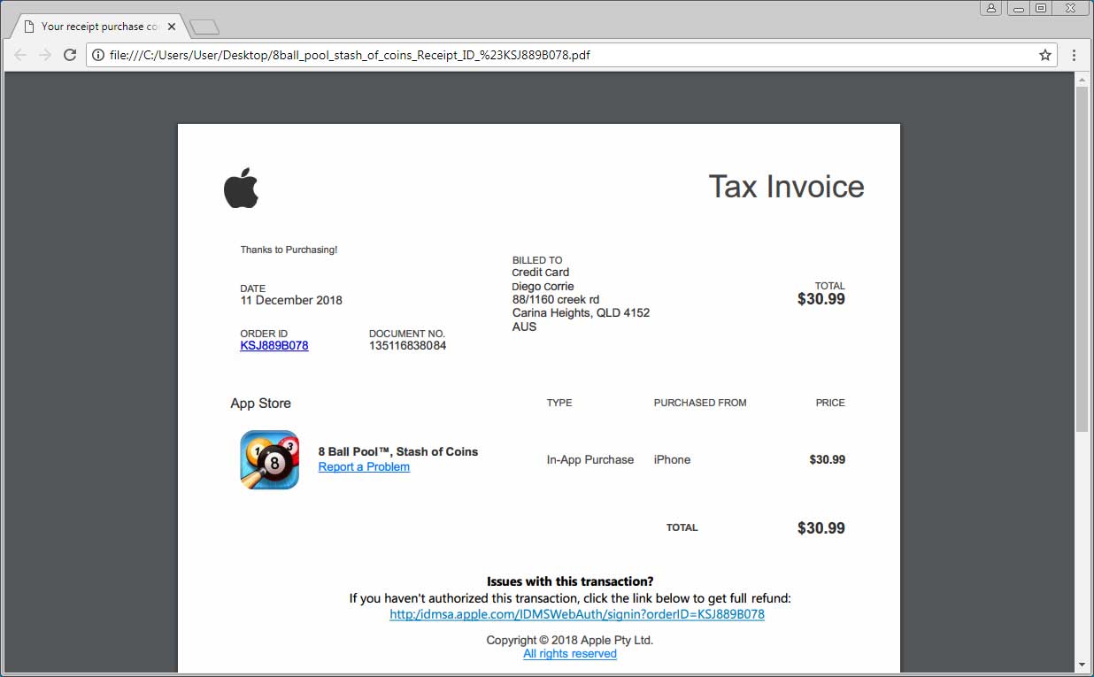 Apple scam fake App Store purchase
