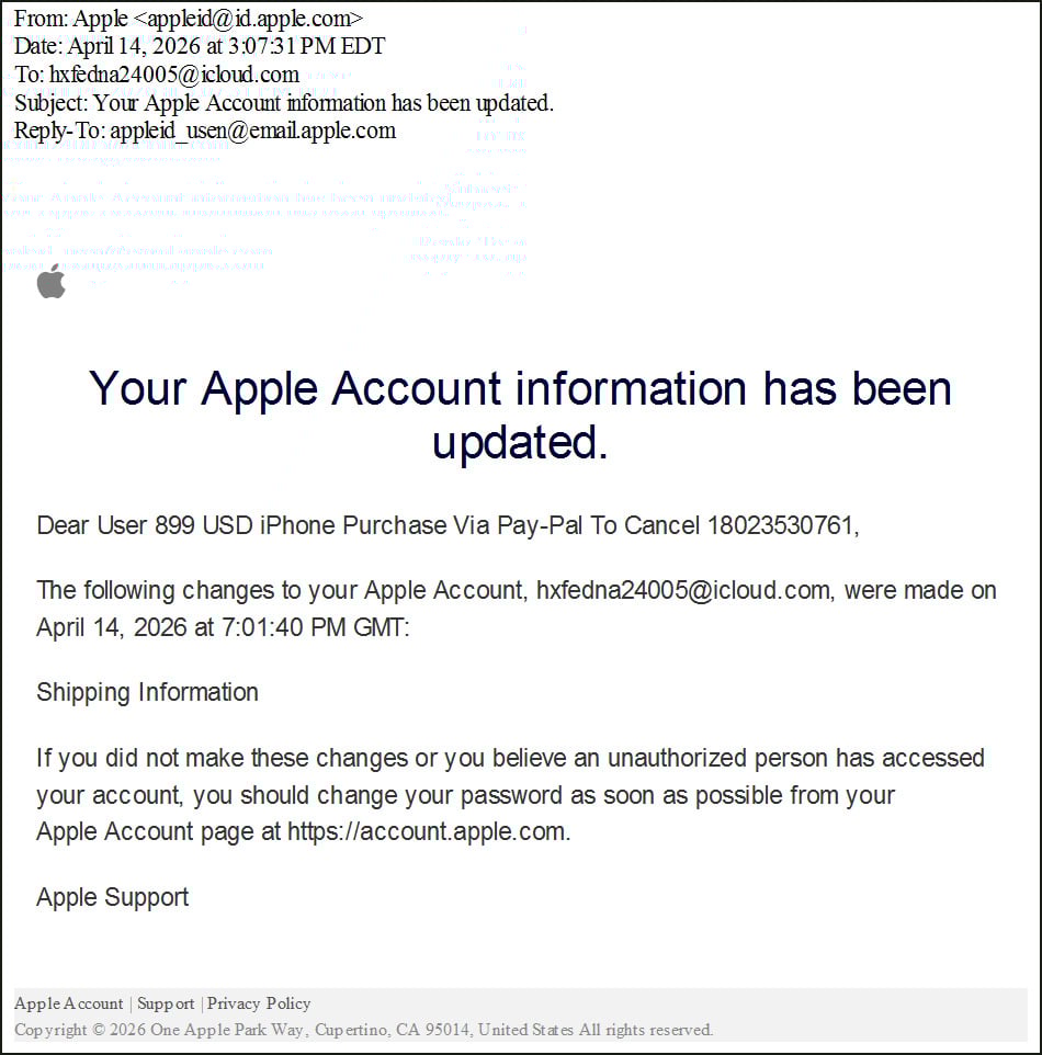 Callback phishing email abusing Apple Account change notifications