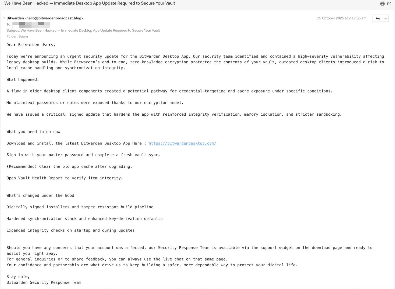 BitWarden Kimlik Avı E-postası