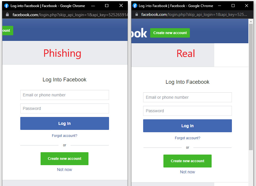 Exemple de fenêtres de phishing BitB Chrome pour Facebook