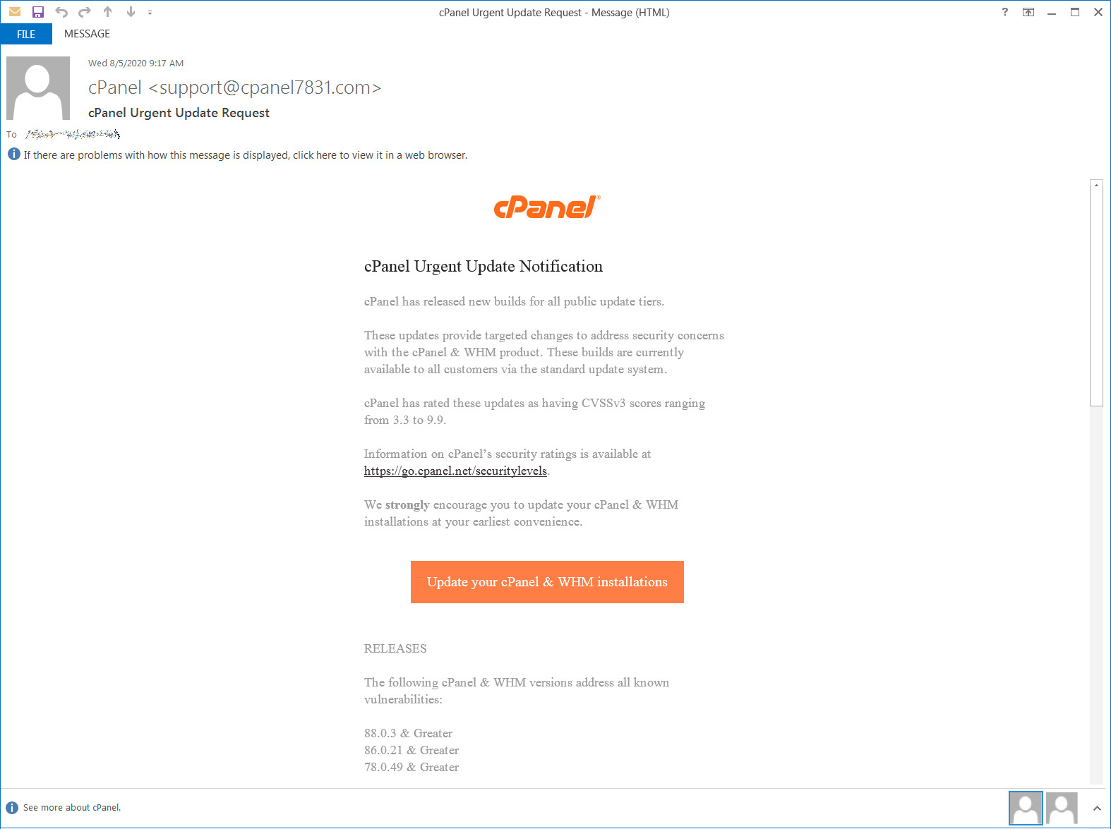 Fake security advisory from cPanel