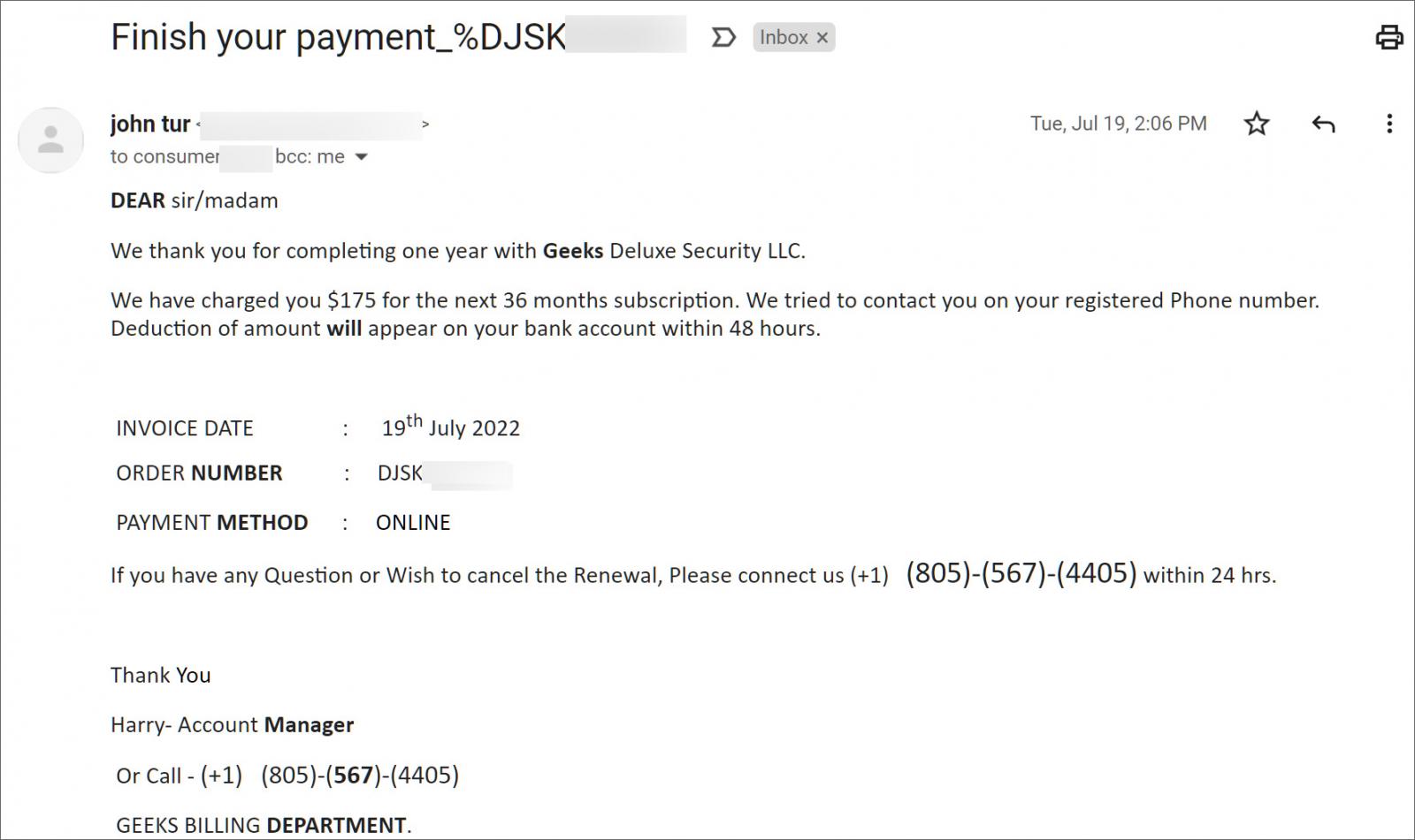 Example of a callback phishing email