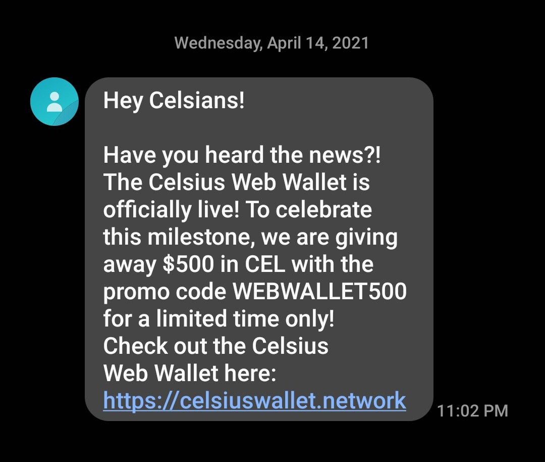 Celsius phishing text message