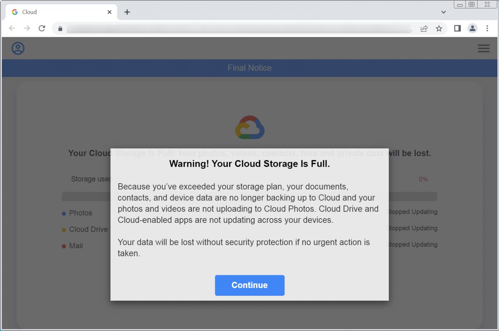 Phishing page warns that your cloud storage is full