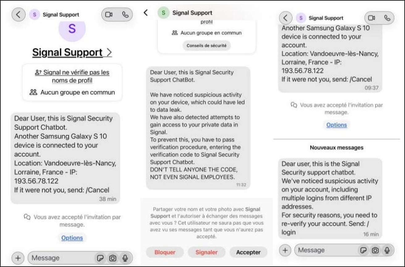 Samples of Signal phishing messages used in the phishing campaign