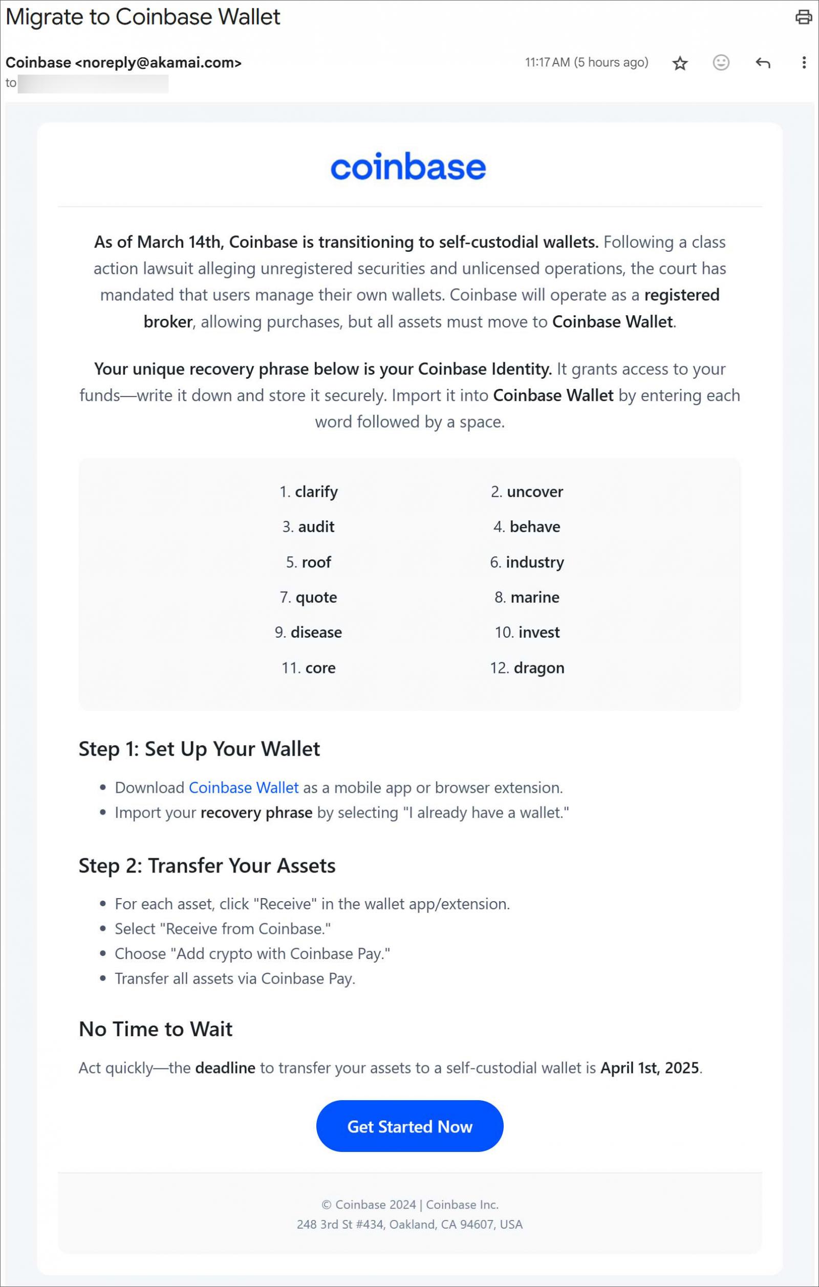 Correo electrónico de phishing Coinbase