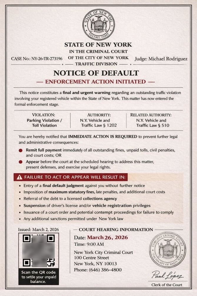 Fake court notice about traffic violations