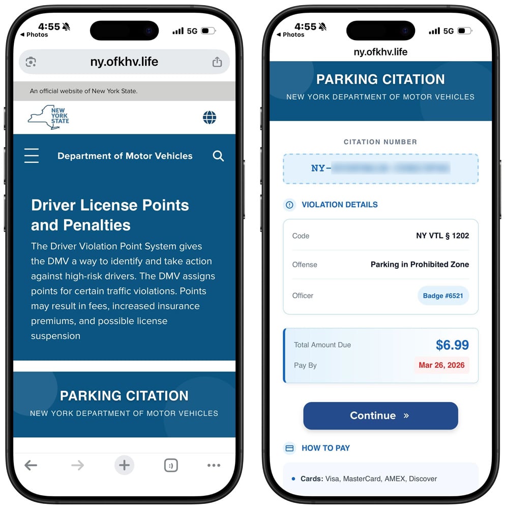 Fake NY Department of Motor Vehicles phishing site