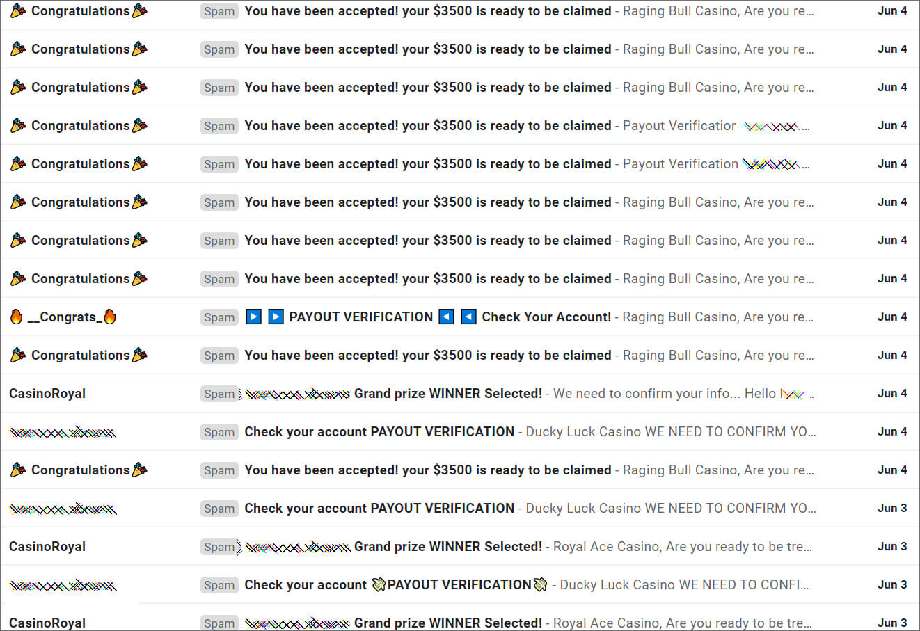 A constant stream of online casino spam