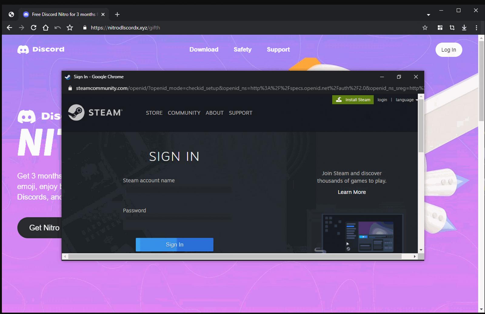 Ventana emergente de inicio de sesión de Steam falso en el sitio de phishing