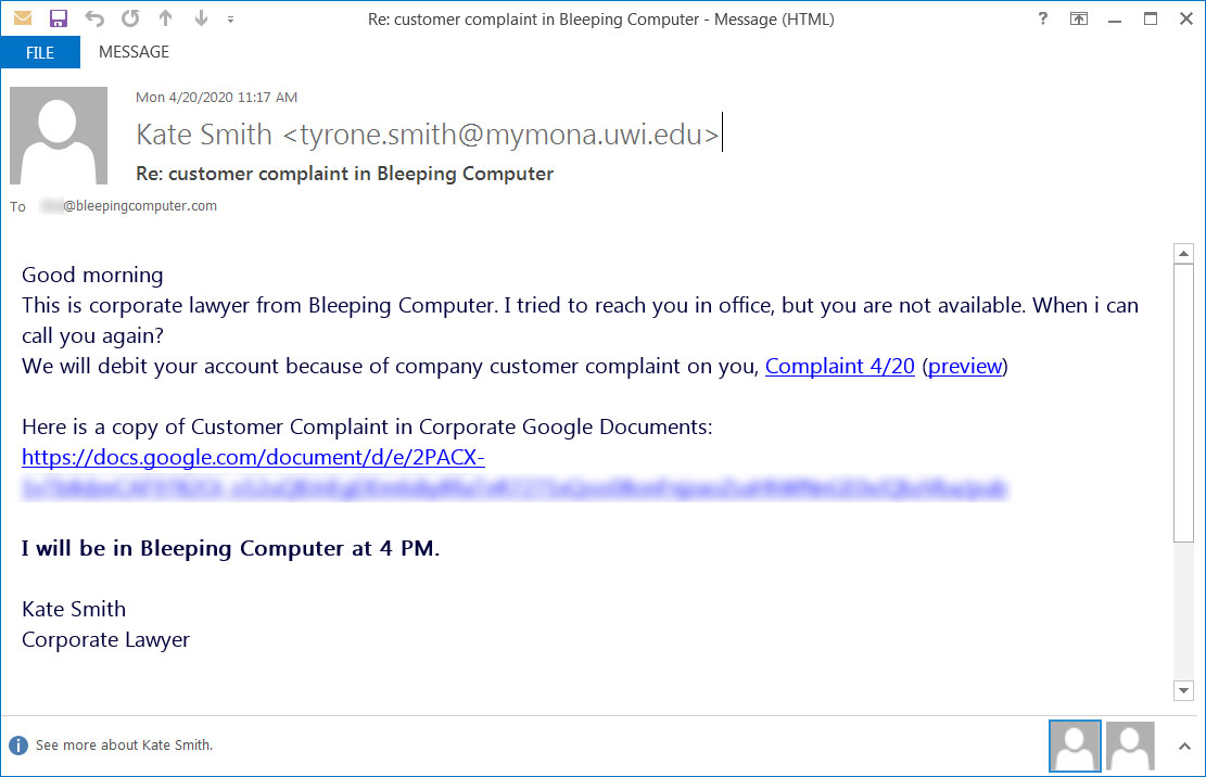 Fake customer complaint phishing emails