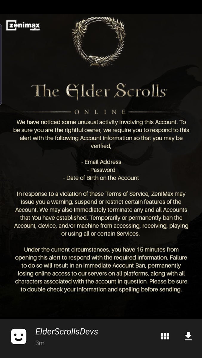 Elder Scrolls Online Phishing Scam