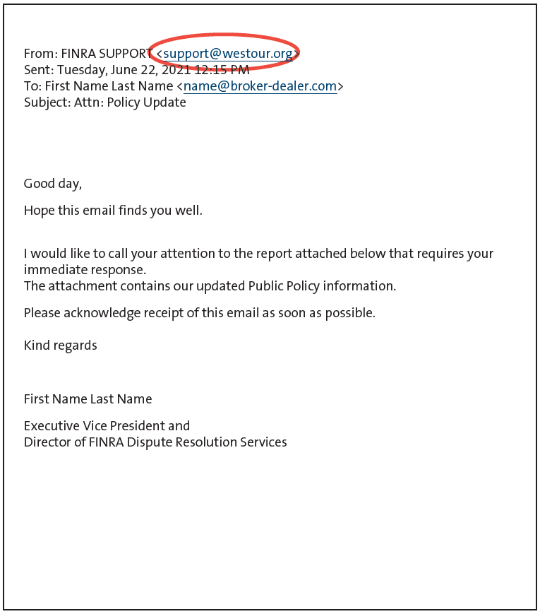 FINRA sample phishing email