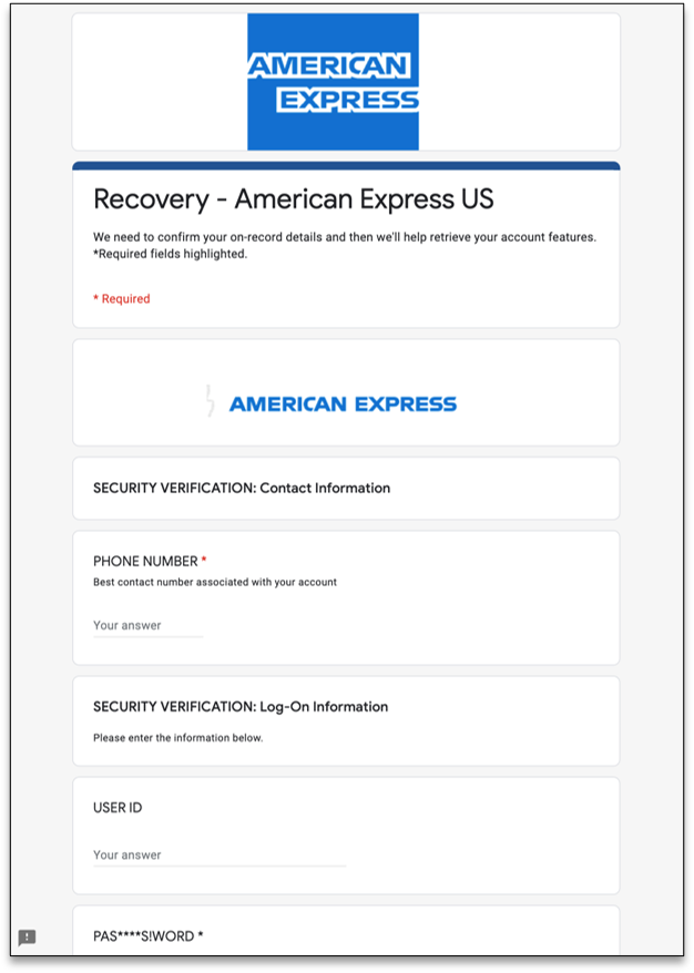 American express phishing form on Google Forms