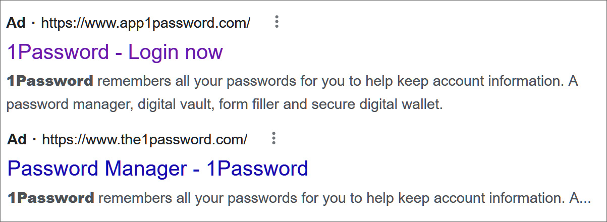 Promoting the 1Password phishing page on Google