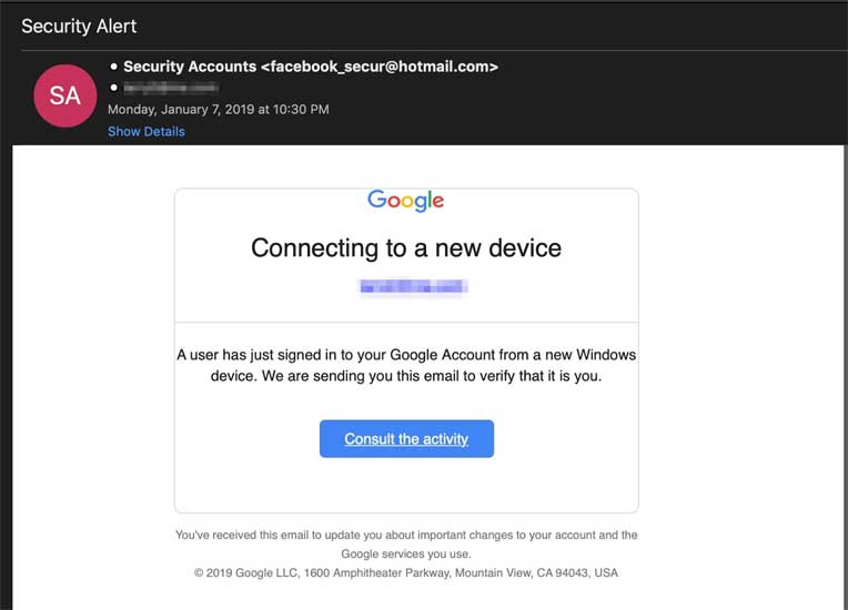 Phishing email pretending to a Google Alert