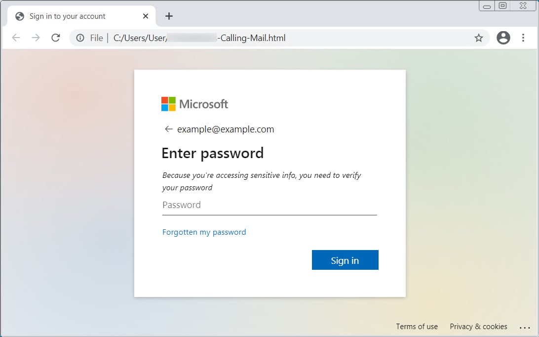 HTML phishing attachment impersonating a Microsoft login