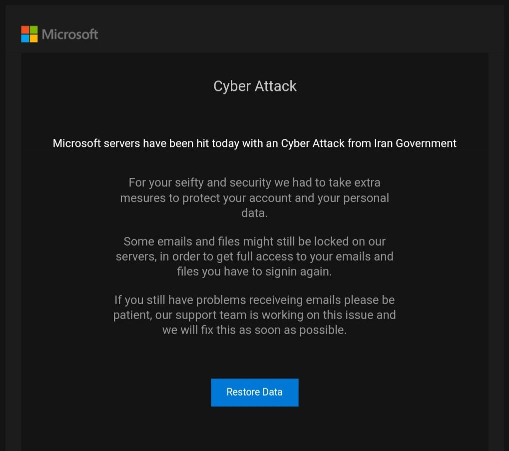 Phishing email about Iranian cyberattack on Microsoft Servers