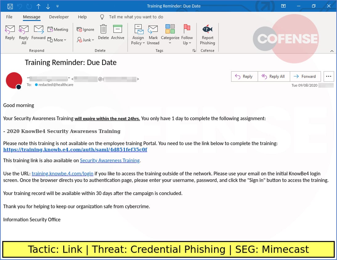 Phishing email pretending to be from KnowBe4