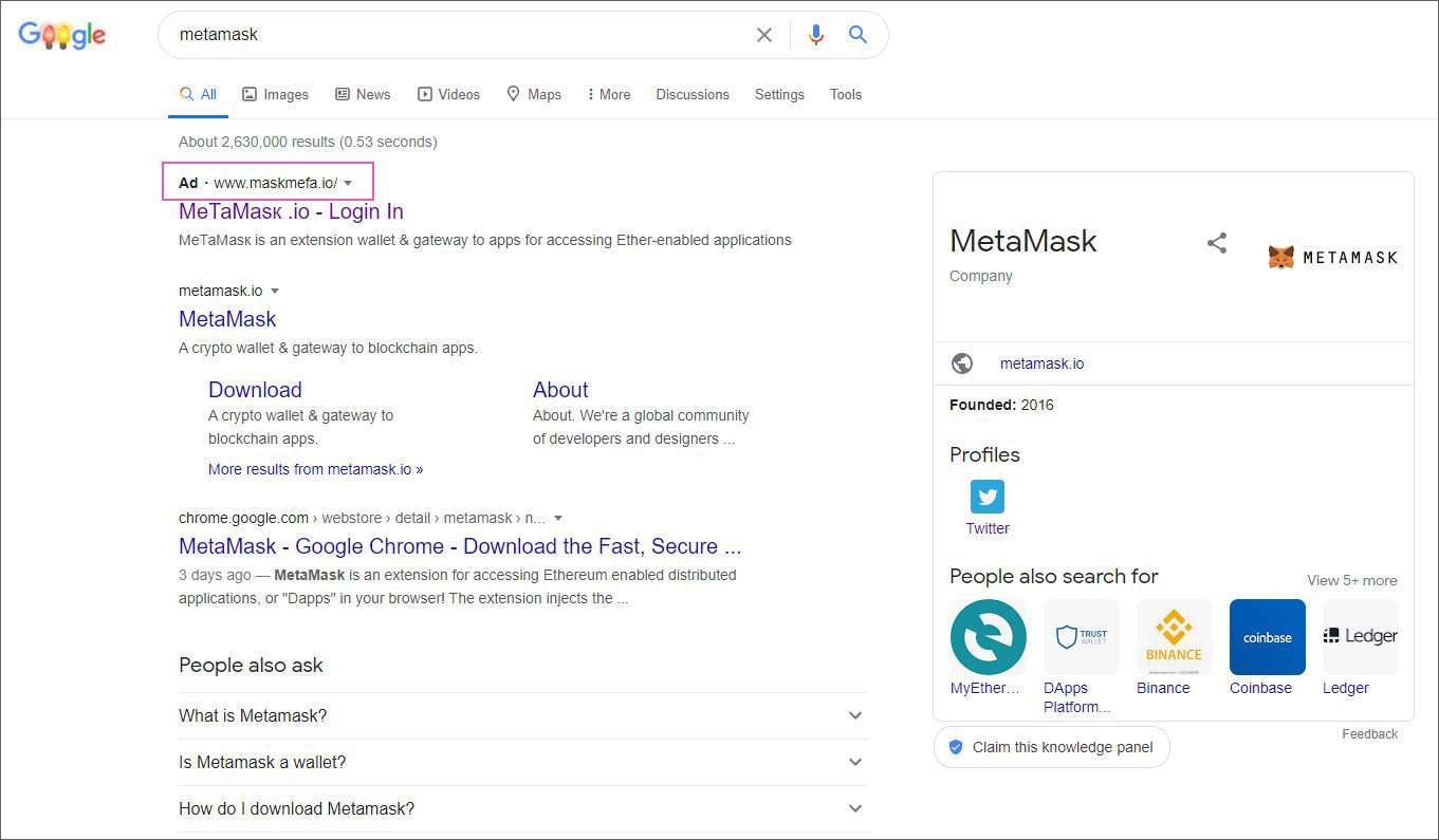 Fraudulent MetaMask ad in Google search